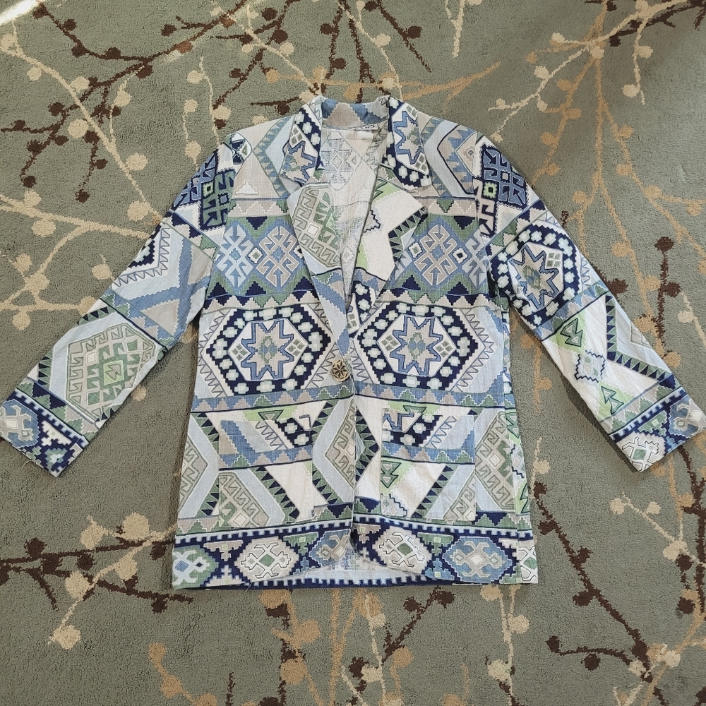 Clio Green and Blue Blazer with Geometric Patterns